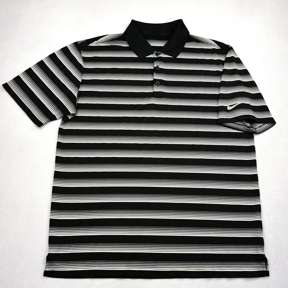 Nike Golf Polo Shirt Mens Medium Black White Striped Dri-Fit Tech Core Size M